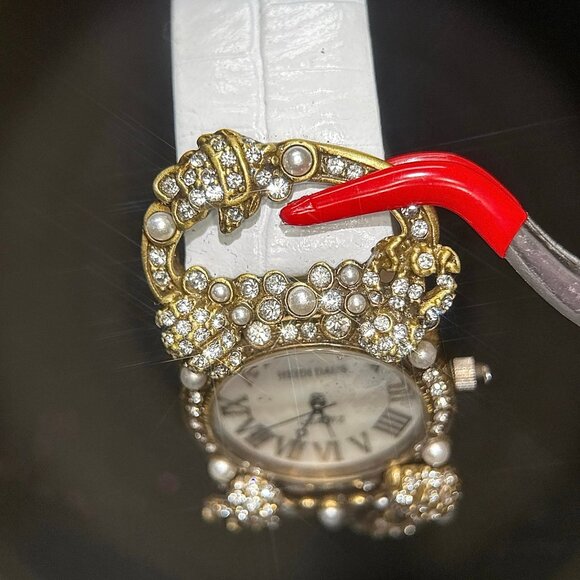 Heidi Daus White Leather Band Pearl/Crystals Watch - Picture 4 of 10